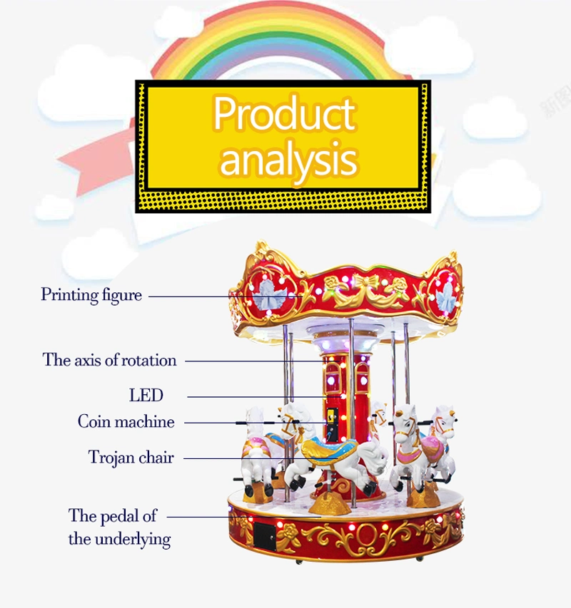 Amusement Rides 6 Seats Kiddie Carousel Horses Game Machine